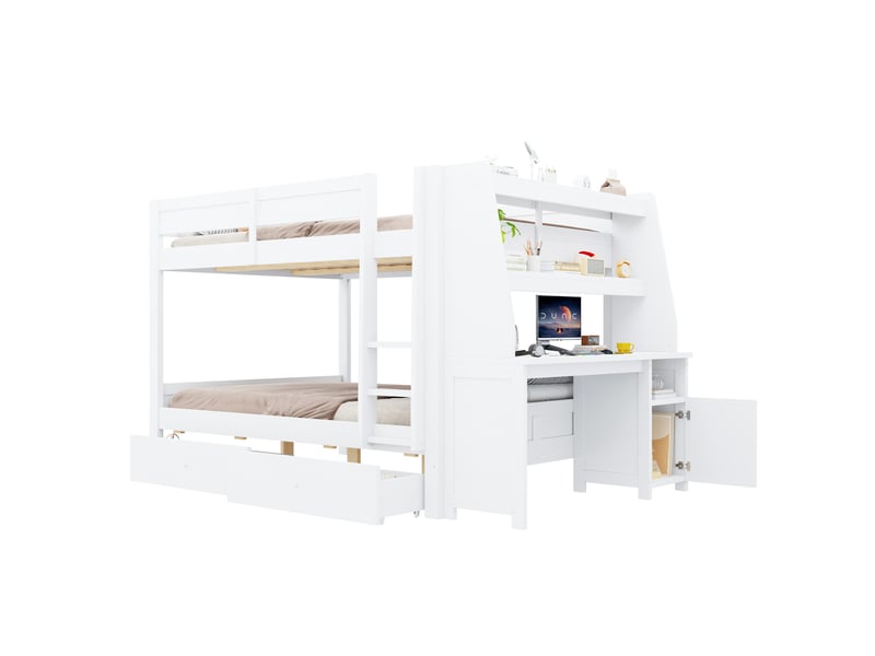  Lit superposé 2 places 140x200 cm - avec bureau, armoire, étagères et 2 tiroirs - bois blanc  - Conforama A