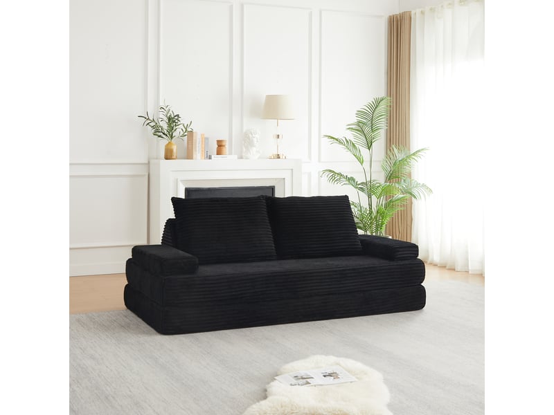  Canapé convertible 2 places en velours côtelé 211 cm, convertible sofa et lit, 2 dossiers triangulaires, 2 coussins, noir  - Conforama B