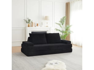 Canapé convertible 2 places en velours côtelé 211 cm, convertible sofa et lit, 2 dossiers triangulaires, 2 coussins, noir
