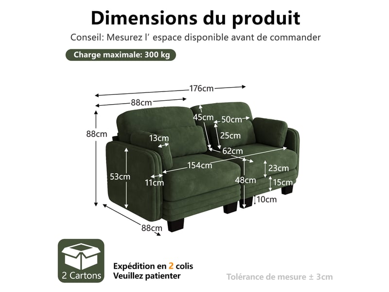  Canapé droit 2 places modulable en chenille 176x88x88 cm vert  - Conforama C