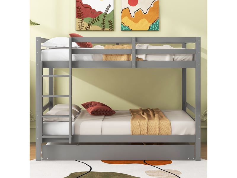  Lit superposé enfant avec lit gigogne, 140 x 200 cm, gris, structure en pin et mdf avec escalier  - Conforama E