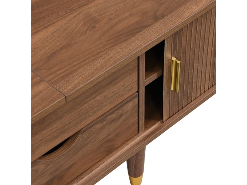  Meuble tv 175 cm mdf – portes coulissantes rotin, aspect noyer, rangements ouverts, tiroirs et placard campagnard  - Conforama E