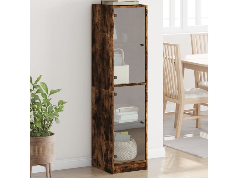  Buffet - bahut - meuble de rangement avec portes en verre chêne fumé 35x37x142 cm  - Conforama B