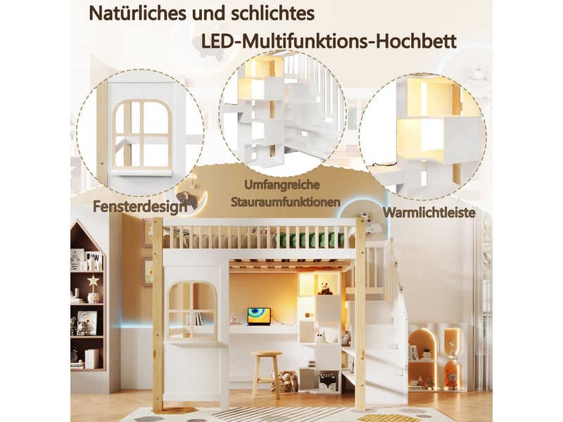  Lit mezzanine 200×140 cm avec bureau, escalier de rangement et éclairage led, sans matelas, en pin et mdf blanc et naturel  - Conforama E