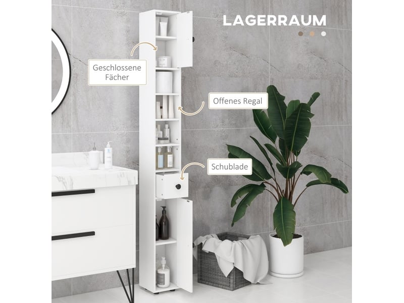  Meuble de salle de bain haut, 20x20x180 cm, avec tiroir et 4 niches, blanc  - Conforama D