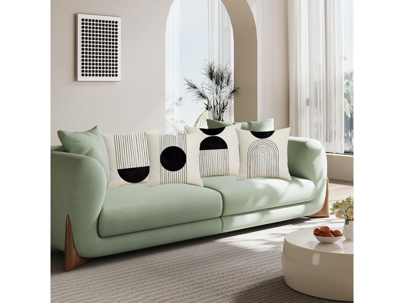  Lot de 4 housses de coussin décoratives de style bohème en coton et lin avec fermeture éclair, motif arche et soleil, 45 x 45 cm, noir et blanc  - Conforama C