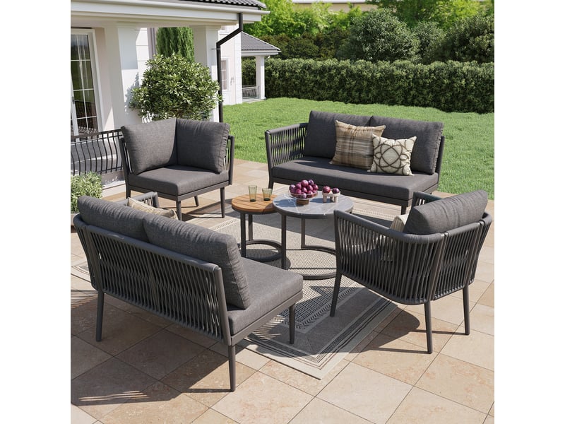  Salon de jardin 6 pièces gris modulable 5 à 6 places avec 2 tables, idéal pour vos espaces extérieurs  - Conforama E
