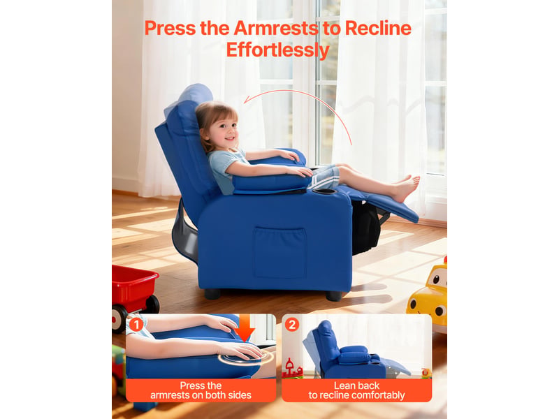  Vevor fauteuil inclinable pour enfants - chaise relax ergonomique en cuir pu, dossier réglable 107°-126°, 2 porte-gobelets, 4 poches, repose-pieds, bleu SX-81582 - Conforama D