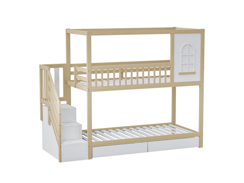  Lit superposé enfant 90x200, lit cabane en bois massif avec barrières, tiroirs de rangement et escalier sécurisé, couleur bois  - Conforama D