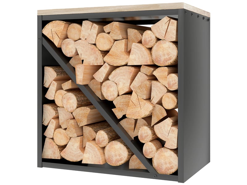  Porte-bûches intérieur 2 en 1, métal noir avec plateau en sapin, 58 x 36 x 60 cm  - Conforama B