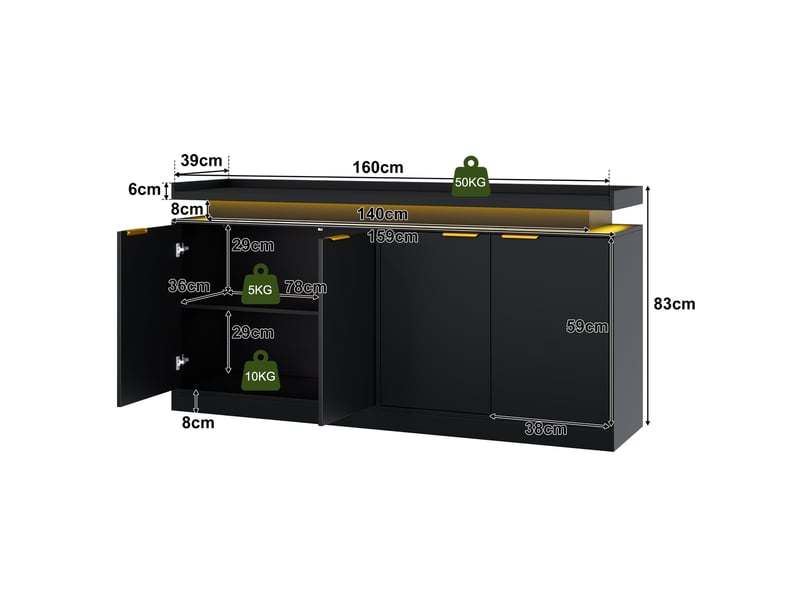  Buffet 160x39x83 cm avec led rgb, 4 portes, rangement ouvert et fermé, commande app, noir  - Conforama C