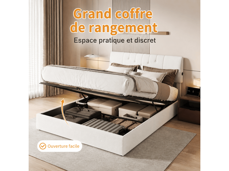  Lit coffre hydraulique 140x190 avec sommier - tête de lit rembourrée avec usb type-c - rangement hydraulique - lit coffre hydraulique 140x190cm avec sommier - tête de lit rembourrée avec chargement usb type-c - 2 personnes - vel…  - Conforama D