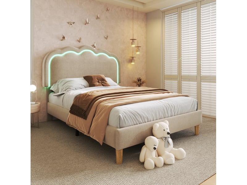  Modenvie lit simple capitonné 90x200 cm - avec led, tête de lit réglable, sans matelas - beige  - Conforama B