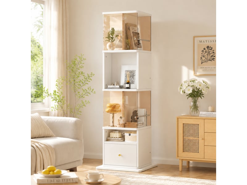 Vitrine pivotante 50x50x160cm blanc et marron - meuble d'exposition 360° en verre trempé avec tiroir et étagères - Conforama C