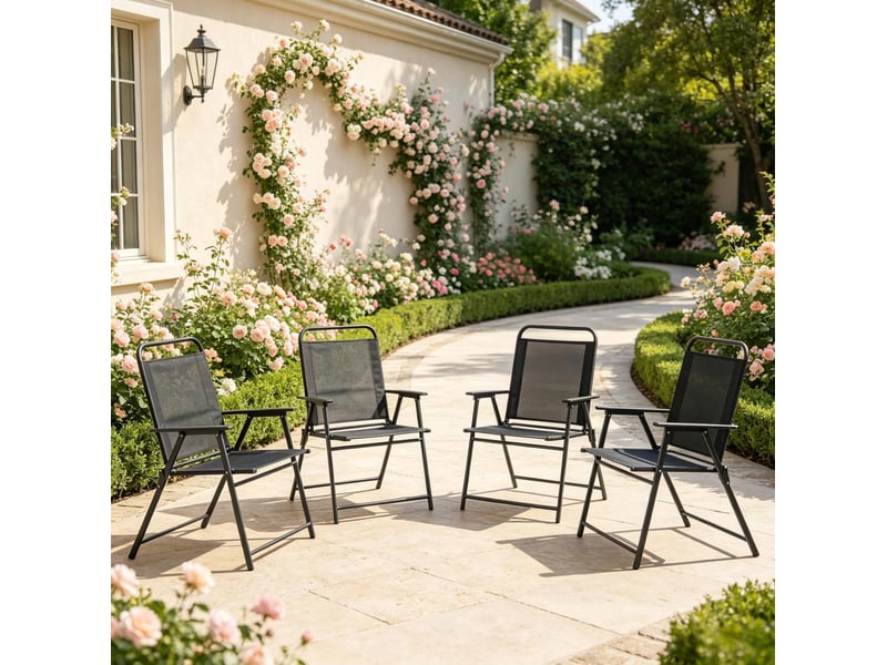  Lot de 4 chaises de jardin pliantes noires en acier et textilène avec accoudoirs  - Conforama D