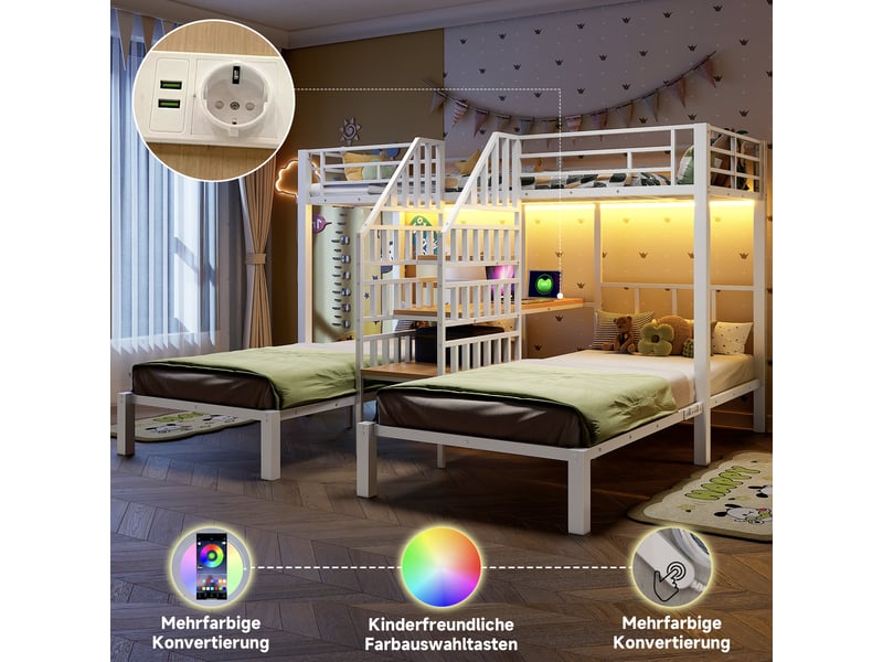  Lit superposé 90x200 cm avec bande lumineuse led et bureau, 3 couchages, lit enfant 2 ports usb + 1 prise électrique, blanc  - Conforama W