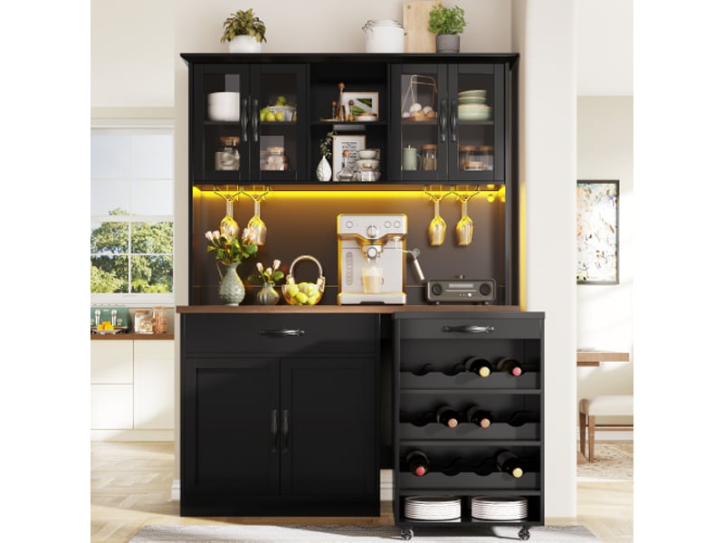 Meuble haut cuisine 140 cm avec chariot roulant, led; cellier avec porte-verres et porte-bouteilles; sideboard lumineux - Conforama B