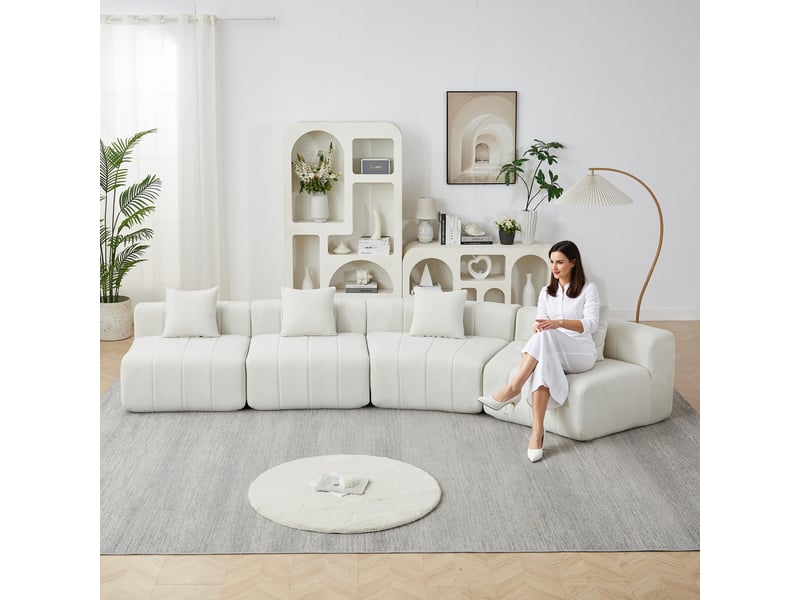  Canapé 4 places - 388x83.8x73.6 cm - canapé d'angle modulaire incurvé chenille avec coussins sans montage - beige  - Conforama C