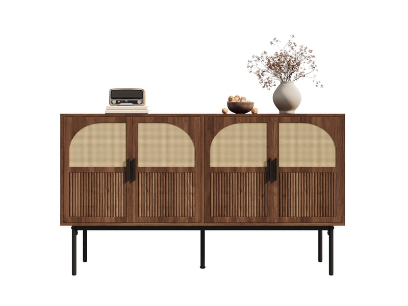  Buffet ulevr 4 portes avec rangement 140 x 40 x 80 cm, mdf décor bois noyer et rotin naturel, pieds en acier noir, naturel  - Conforama A
