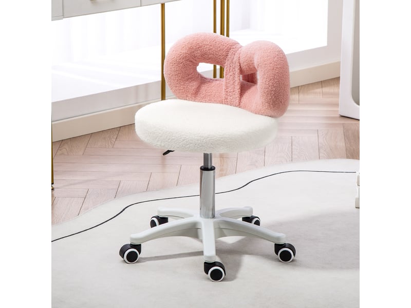  Tabouret pivotant réglable en hauteur avec dossier arqué, tissu teddy, 50 x 50 x 63-77 cm, blanc et rose  - Conforama D