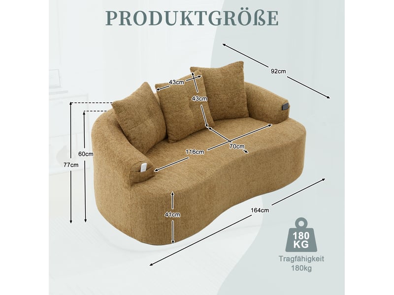 Canapé 2 places 164 x 92 cm jaune moutarde en chenille, assise profonde, 3 coussins décoratifs arrondis - Conforama C