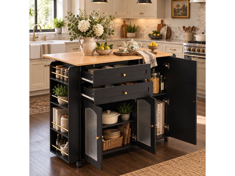 Desserte de cuisine avec 2 tiroirs, double porte, étagères latérales et plateau rabattable sur roulettes 110×70×99 cm - Conforama C