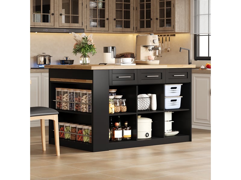  Îlot central de cuisine 150x90cm - avec table extensible 96cm, plan effet bois naturel &amp; rangements - noir &amp; bois  - Conforama B
