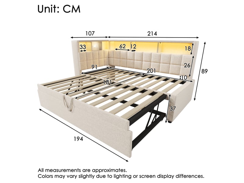  Modenvie lit gigogne 90x200 cm - avec led, ports usb-a et usb-c, haut-parleur bluetooth - sans matelas - beige  - Conforama C