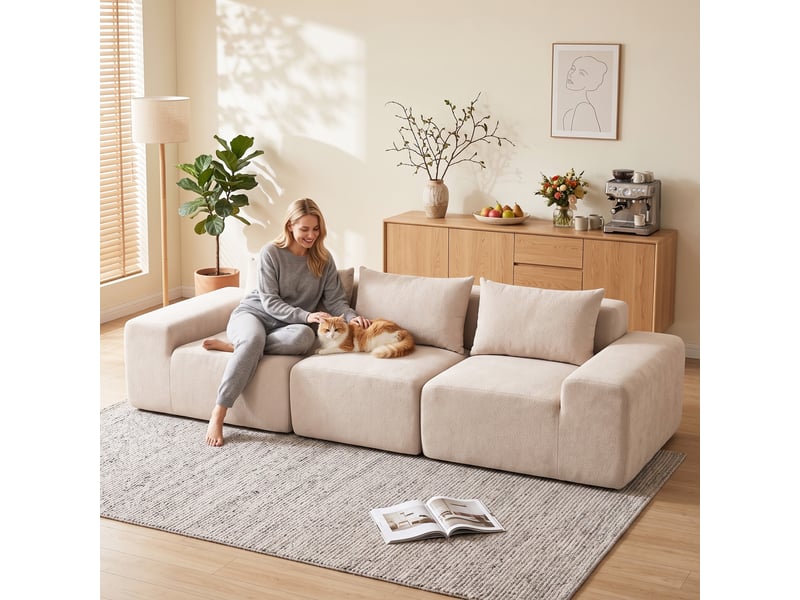  Canapé design arrondi 3 places 3 coussins larges accoudoirs tissu chenille beige  - Conforama D