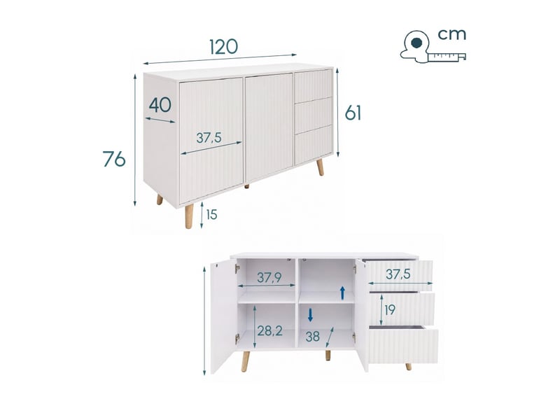  Buffet de salon bas 2 portes 3 tiroirs cannelé | meuble de rangement à rainures | console d'entrée | 120x40x76cm | modèle renzo l | couleur blanc Renzo L - Conforama E