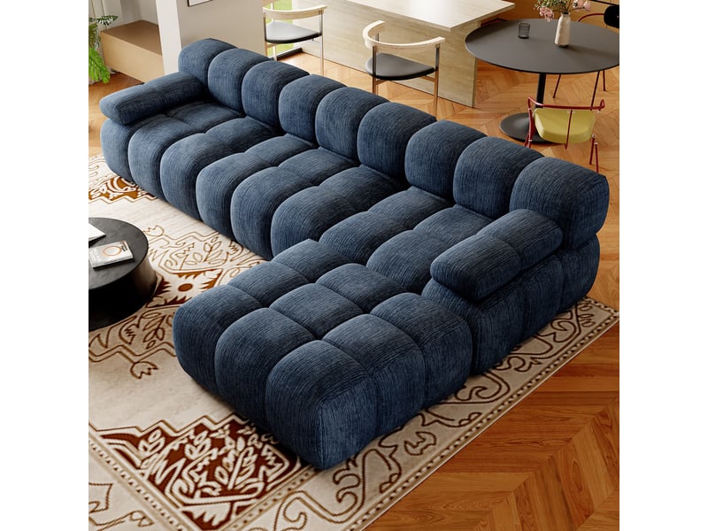 Canapé d’angle en l 4 places 300x200x68 cm sans structure, sans montage, mousse haute résilience, assise profonde et large, tissu chenille bleu - Conforama B