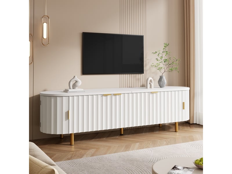  Meuble tv bas en mdf, 5 portes, façade rainurée, côtés arrondis, pieds et poignées en fer, buffet multimédia 170 x 40 x 47 cm  - Conforama B