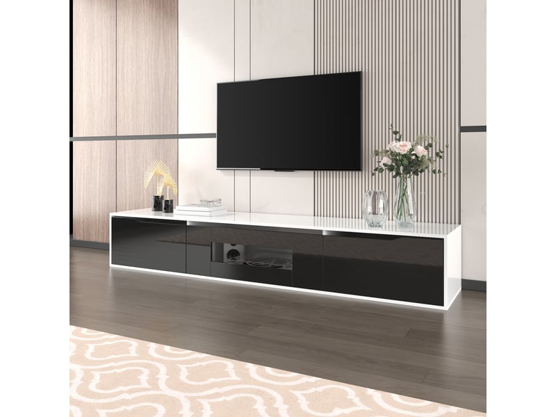  Meuble tv laquée brillante avec led 16 couleurs et façade rainurée, pour salon, blanc et noir, 180×35×30 cm  - Conforama D