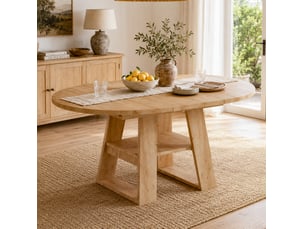 Table de salle à manger ronde extensible pour 4 à 6 personnes avec allonge intégrée et étagère, mdf chêne clair