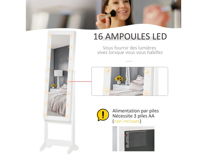  Armoire à bijoux armoire de rangement sur pieds boîte à bijoux avec miroir éclairage multi-rangements led blanc  - Conforama E
