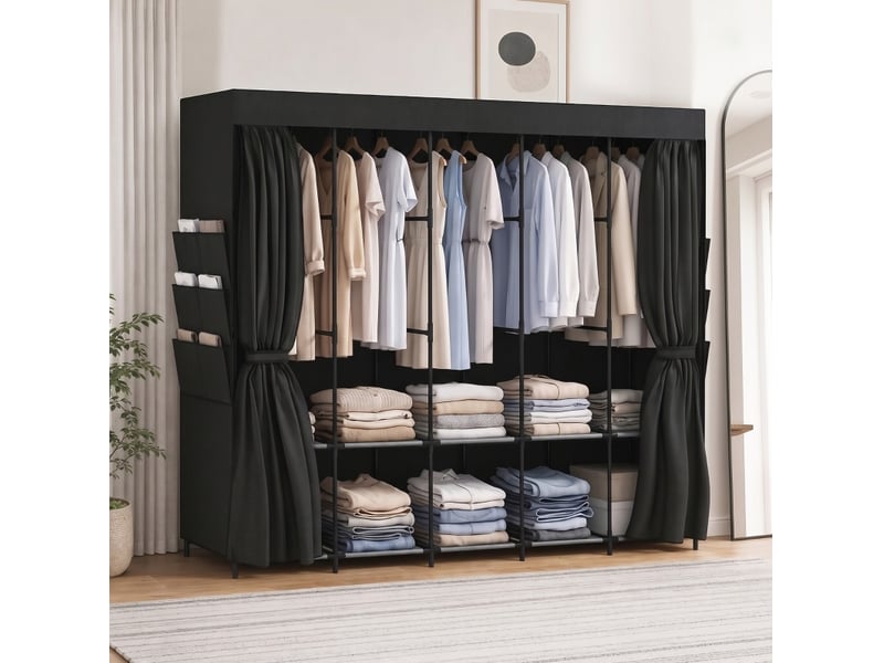  Armoire penderie en tissu noir 212 x 45 x 167 cm avec 5 tringles et 5 étagères, montage sans outil  - Conforama E
