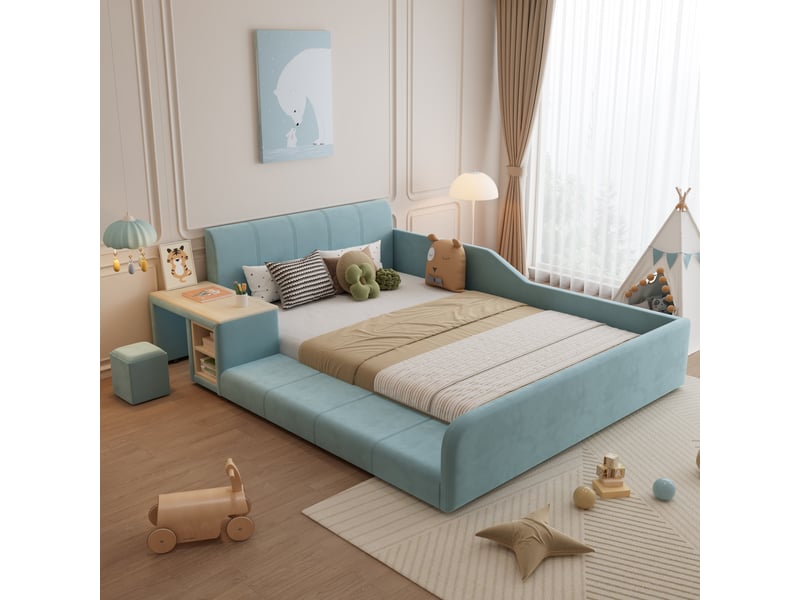  Lit rembourré enfant 140 x 200 cm, bureau et tabouret, étagère, tête de lit souple, sommier à lattes et espace de travail, velours bleu evarich - Conforama E