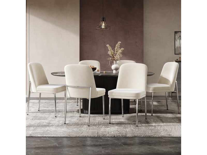 Chaises de salle à manger lot de 6, assise épaisse  - pieds métal argenté, velours beige 42,5 × 53 × 82 cm  - Conforama C