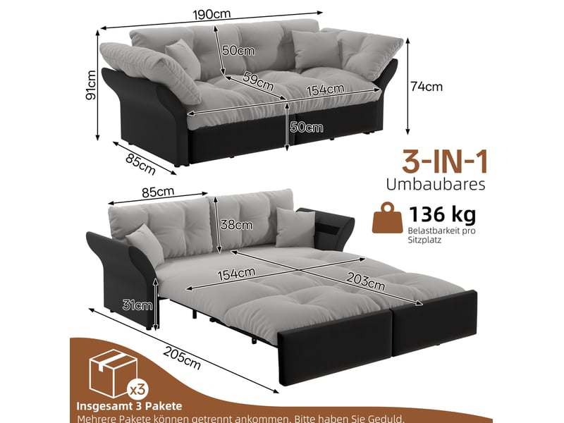 Canapé-lit convertible 3-en-1 190x85x91 cm en velours gris clair - Conforama C