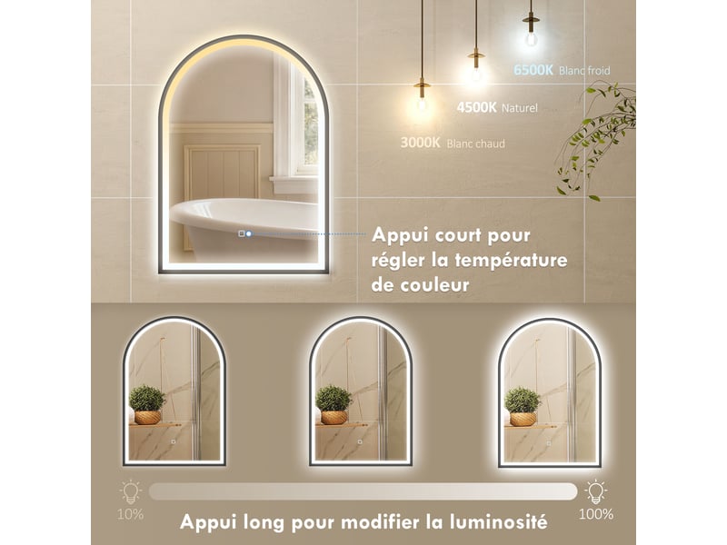 Miroir salle de bain avec éclairage 50 x 70 cm, miroir led arqué, anti-buée, 3 couleurs lumière, dimmable, mémoire, noir - Conforama E