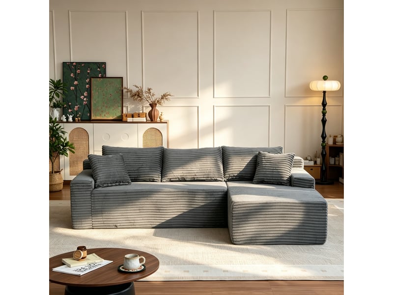  Canapé d’angle, sectionnel en velours côtelé, rembourré mousse, droite, chambresalon, 79x239x156 cm, gris  - Conforama D