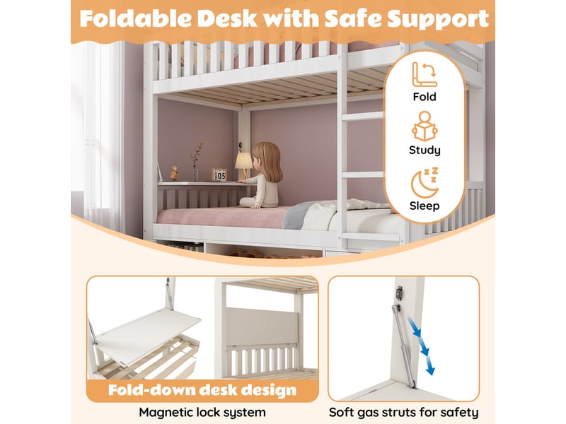 Lit superposé 90x200 cm - avec un bureau pliable - avec étagère à chaussures intégrée et échelle - blanc (sans matelas) - Conforama R