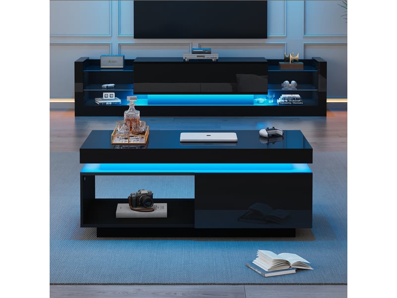  Table basse noire laquée avec éclairage led et tiroir, 100x50x40 cm, panneau de particules, noir  - Conforama B