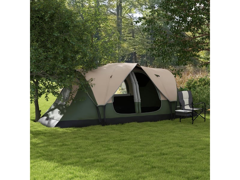  Tente de camping 3 personnes avec 2 chambres séparées, polyester et fibre de verre, 450 x 215 x 180 cm, vert foncé  - Conforama D