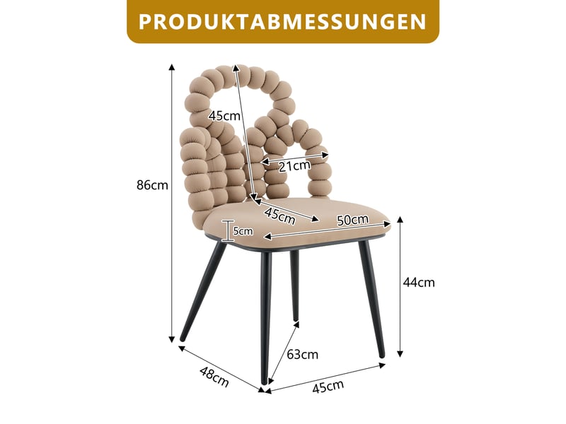 Lot de 2 chaises 48x50x86 cm dossier ouvert à chaîne de boules assise velours moelleuse, pieds métal, camel clair  - Conforama C