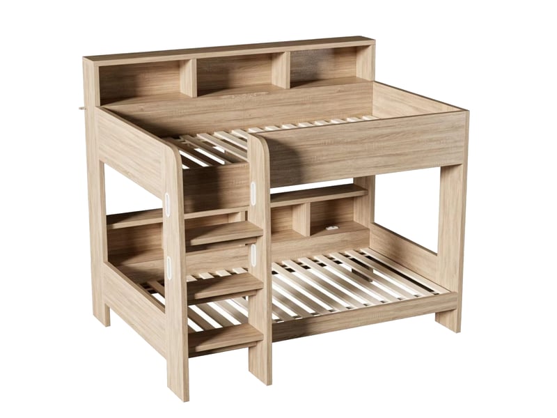  Lit superposé 90x200 cm avec rangements, led et prises, coloris bois naturel, sans matelas  - Conforama D