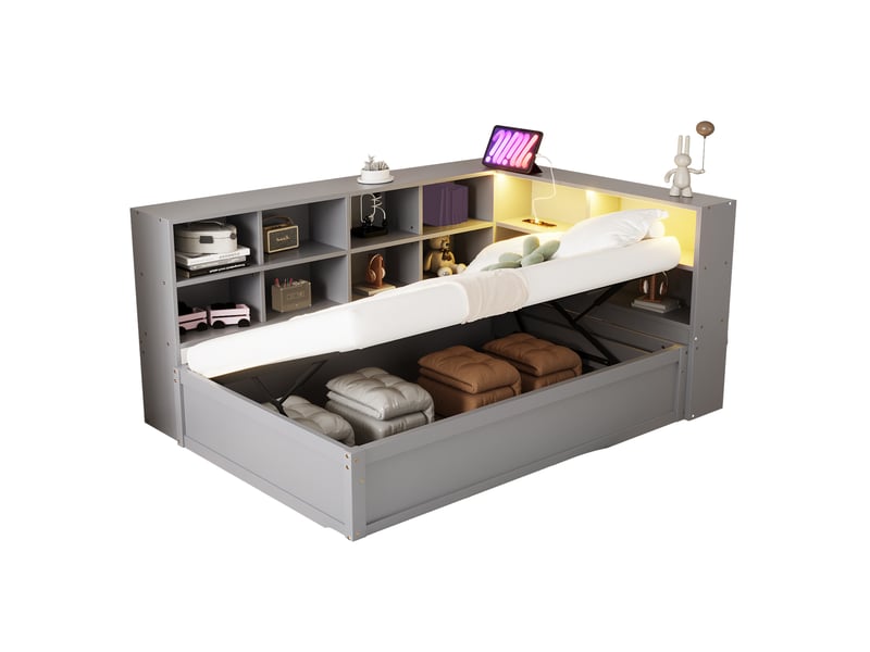  Lit banquette 90x200 cm – gris – rangement hydraulique, led pilotables et prise multifonction – sans matelas  - Conforama A