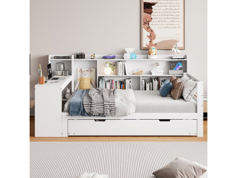  Lit gigogne 90x200 cm, sous-lit extensible et étagères intégrées, en bois, blanc, sans matelas  - Conforama C