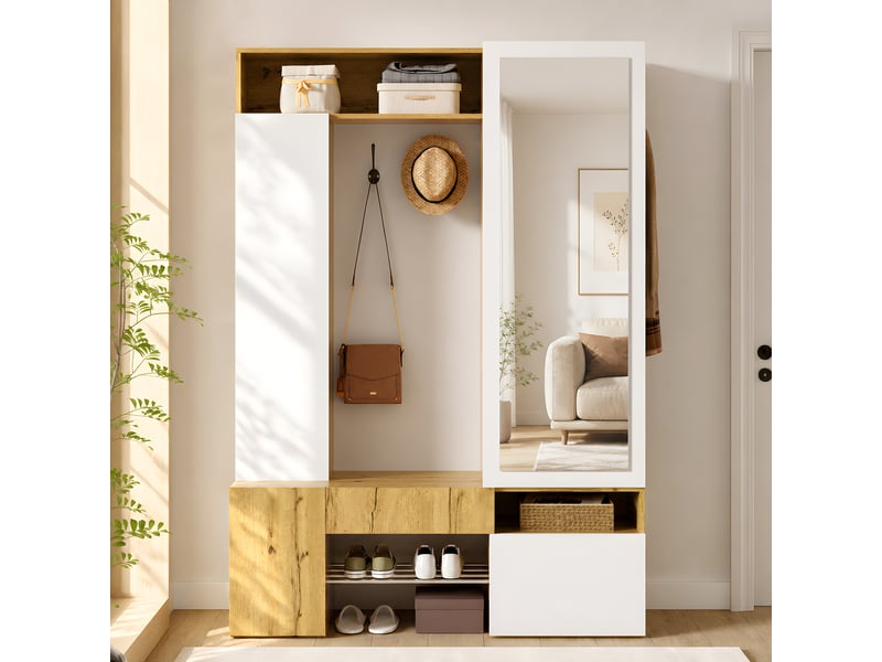  Vestiaire d'entrée 127x35x180,5 cm avec miroir, meuble d'entrée mdf avec penderie, range-chaussures et rangements, armoire de couloir - blanc et naturel  - Conforama E