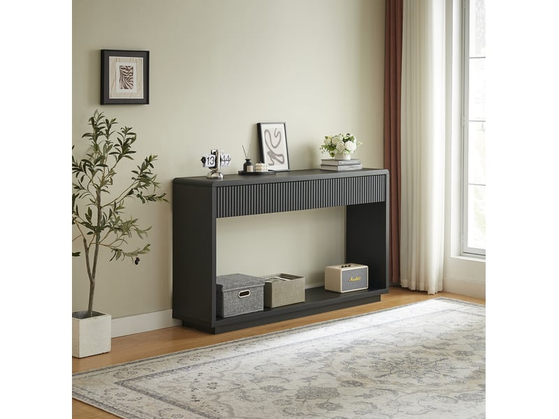  Console avec 2 tiroirs et 1 niche ouverte, façades rainurées, pour entrée et salon, en panneaux, noir, 150 × 35 × 85 cm  - Conforama C